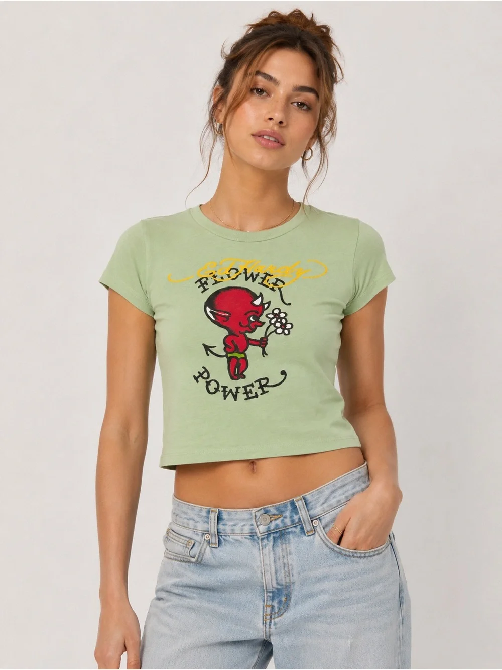 Ed Hardy Women’s XL Cropped Baby Tee Flower Power Y2K Graphic T Shirt Tattoo Art
